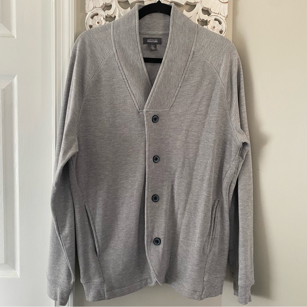 Kenneth Cole Reaction Waffle Knit Shawl Collar Cardigan Preppy Academia L